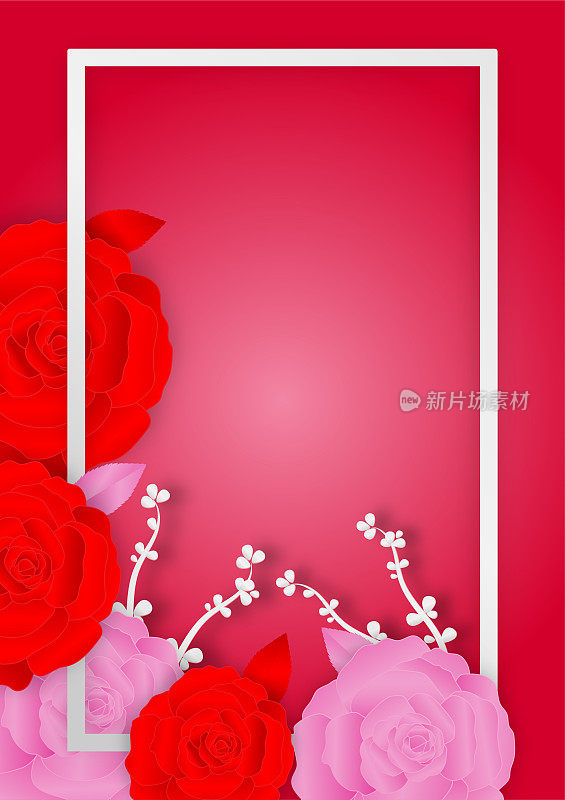 Paper art style of Rose flowers and frame on pink background with copy space, Concept of valentine day